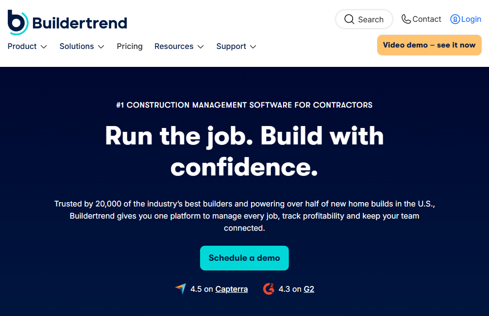 Screenshot of the Buildertrend homepage promoting its construction management software for contractors, featuring messaging about managing jobs, tracking profitability, and keeping teams connected, alongside review ratings from Capterra and G2.