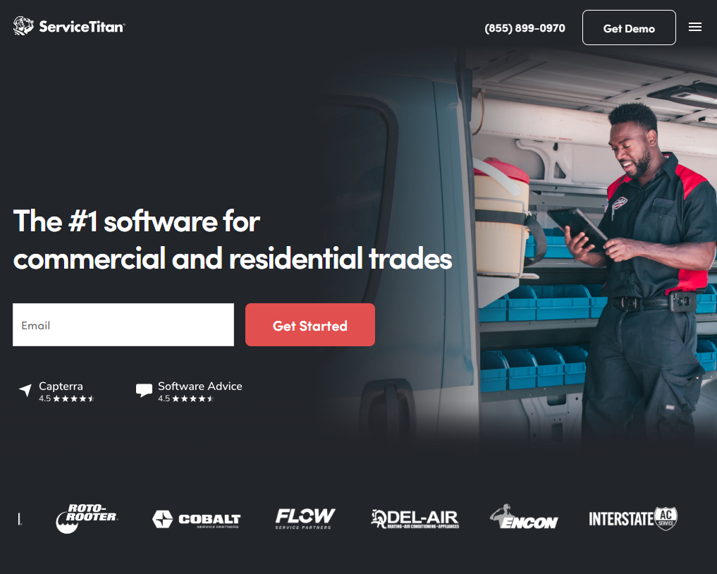 Screenshot of the ServiceTitan homepage promoting its software for commercial and residential trades, featuring messaging about managing service operations alongside a field technician using a tablet inside a service vehicle and review ratings from Capterra and Software Advice.