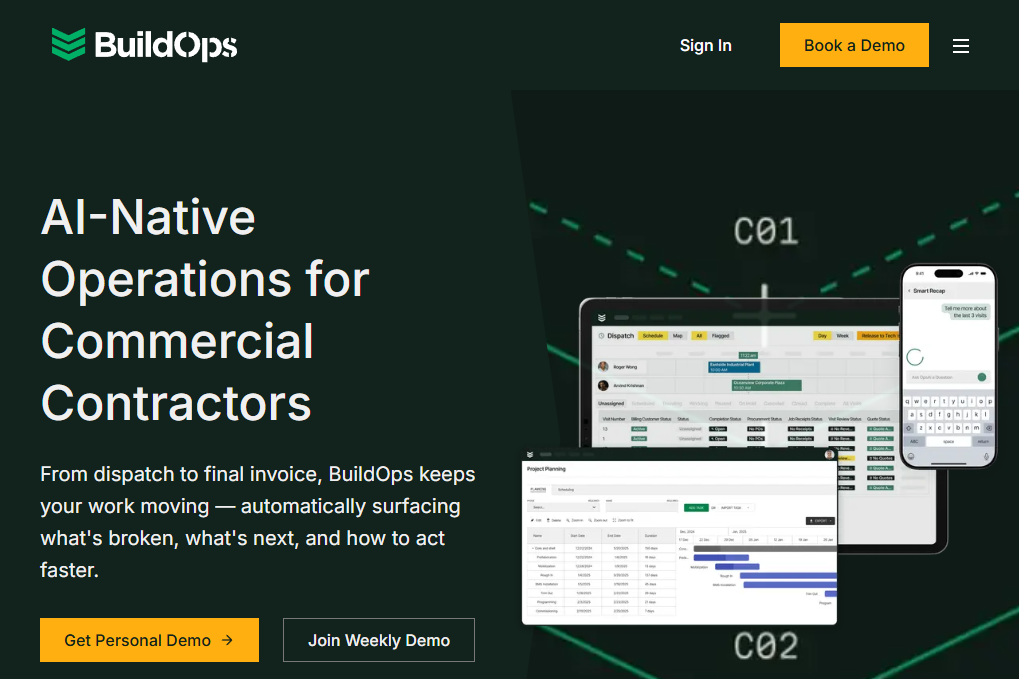 Screenshot of the BuildOps homepage promoting its AI-powered operations platform for commercial contractors, featuring messaging about dispatch, invoicing, and workflow management alongside dashboard previews for scheduling, project planning, and mobile communication tools.
