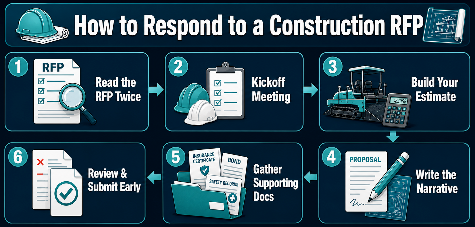 Infographic showing 6 steps on how to respond to a construction RFP: Read the RFP Twice, Kickoff Meeting, Build Your Estimate, Write the Narrative, Gather Supporting Docs, and Review & Submit Early.
