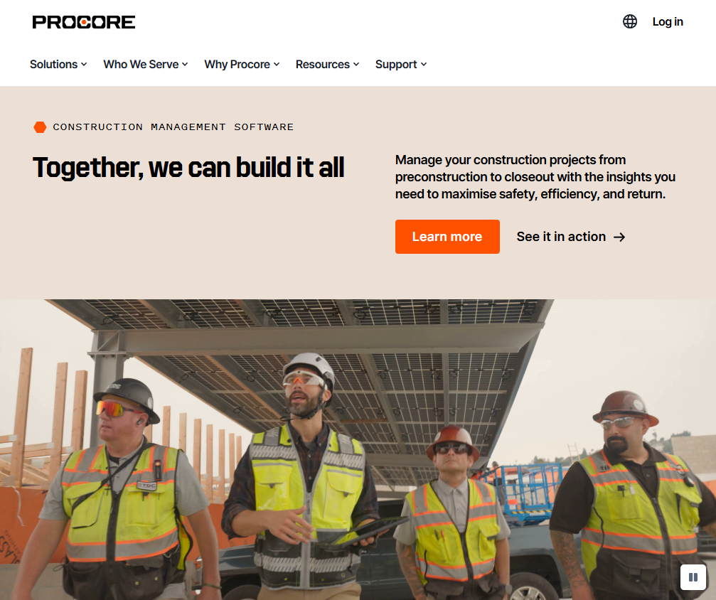 Screenshot of the Procore homepage highlighting its construction management software platform, with messaging about managing projects from preconstruction to closeout alongside a banner image of construction workers in safety gear on an active job site.