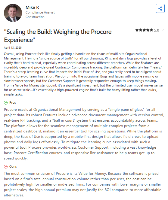 Capterra review from Mike P., a Compliance Analyst in construction, giving Procore a 5-star rating and describing it as a powerful platform for managing multi-site projects, document control, RFIs, and contractor compliance, while noting a steep learning curve and high pricing for smaller firms.