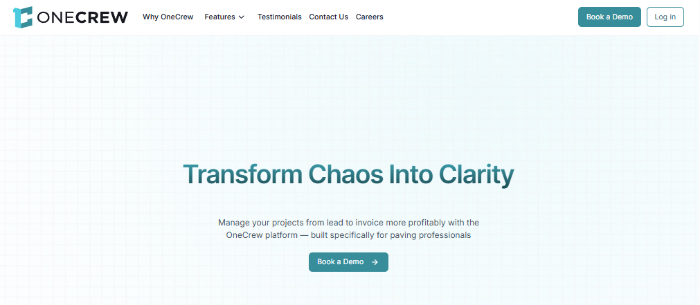 Screenshot of the OneCrew homepage promoting its paving-focused project management platform, featuring messaging about managing projects from lead to invoice more profitably and highlighting tools built specifically for paving professionals.