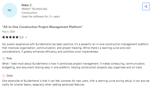 Capterra review from Nikki C., a Permit Technician in construction, giving Buildertrend a 5-star rating and describing it as an all-in-one platform that improves project organization, communication, scheduling, budgeting, and document sharing, while mentioning a learning curve and higher costs for smaller teams.