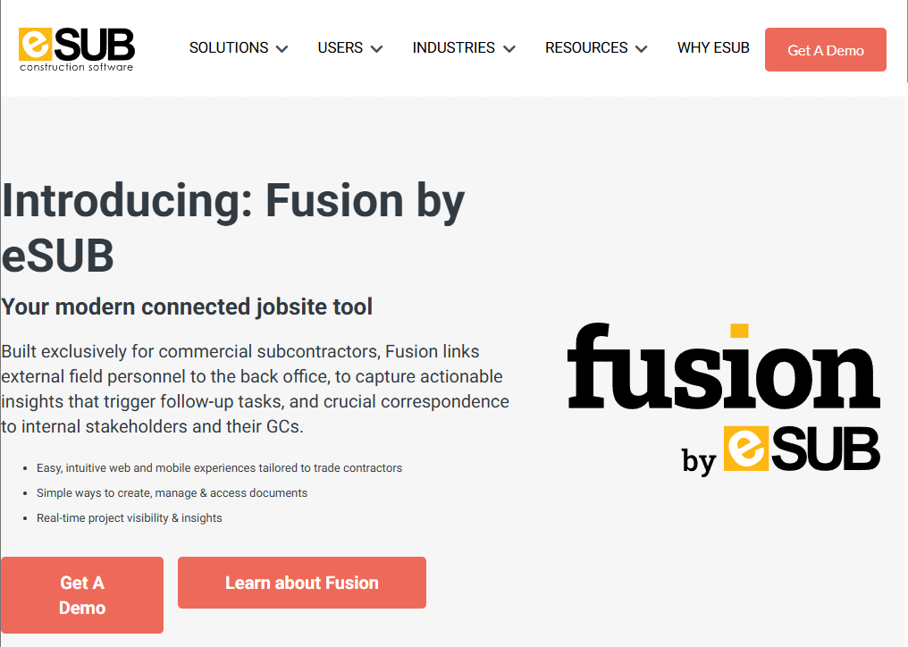 Screenshot of the eSUB homepage promoting Fusion by eSUB, a connected jobsite platform for commercial subcontractors, featuring messaging about linking field teams with back-office operations, document management, and real-time project visibility.