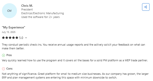 Capterra review from Chris M., president of an electrical and electronic manufacturing company, giving eSUB a 5-star rating and praising its ease of use, project management capabilities, customer feedback process, and suitability for MEP trade partners, while noting that larger ERP systems may become more attractive as companies scale.