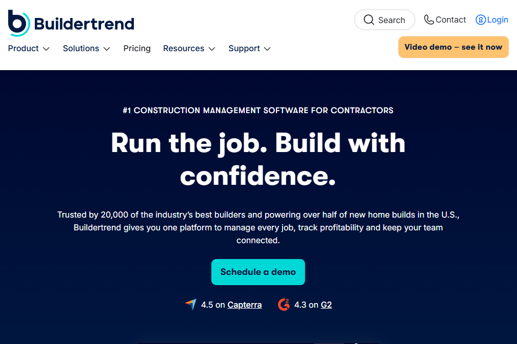 Screenshot of the Buildertrend homepage promoting its construction management platform for contractors, featuring messaging about managing jobs, tracking profitability, and keeping teams connected, alongside review ratings from Capterra and G2.