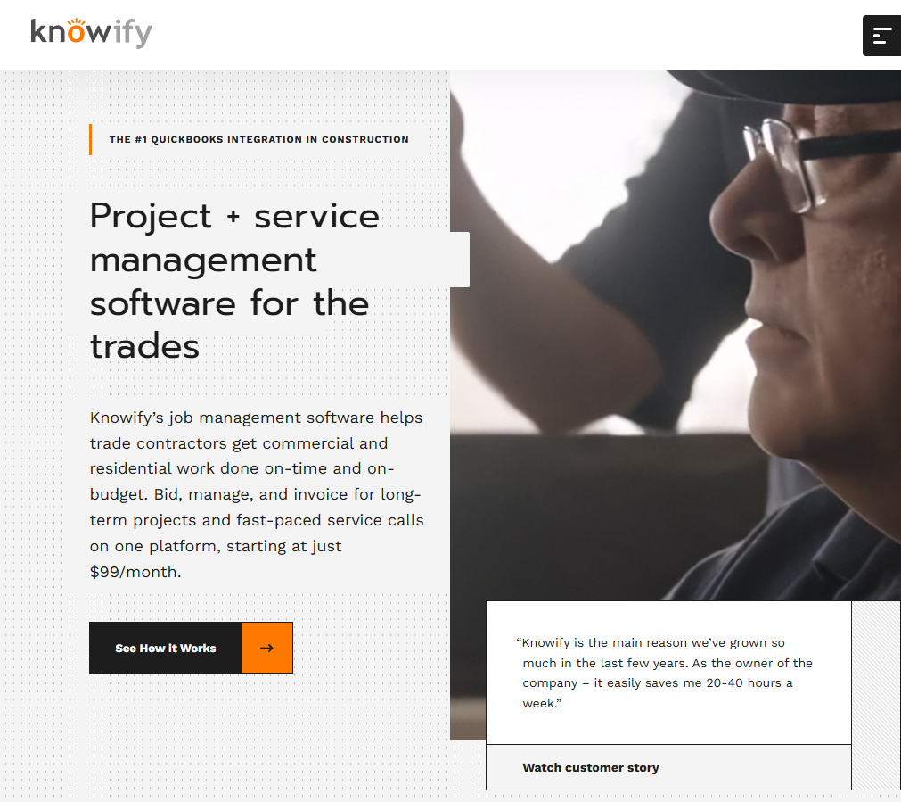 Screenshot of the Knowify homepage promoting its project and service management platform for trade contractors, highlighting QuickBooks integration, job management, invoicing, and budgeting tools for commercial and residential construction businesses.