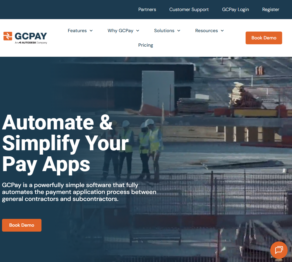 Screenshot of the GCPay homepage promoting its payment application automation platform for construction teams, featuring messaging about simplifying pay apps between general contractors and subcontractors alongside a construction site background image.