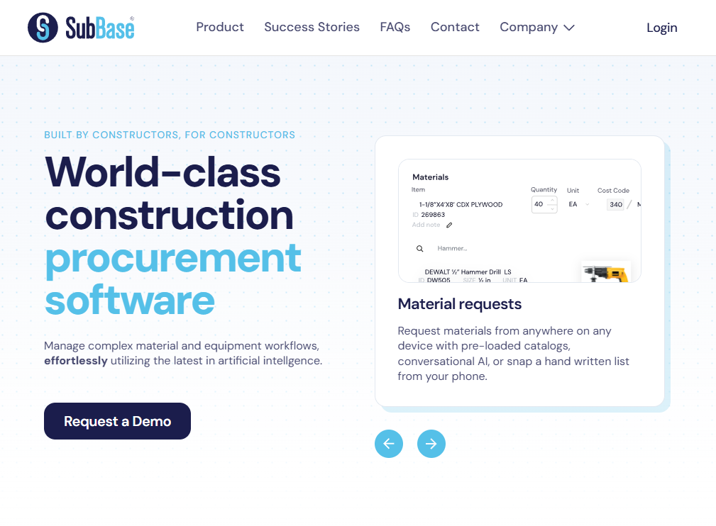 Screenshot of the SubBase homepage promoting its construction procurement software, featuring messaging about managing material and equipment workflows with AI-powered tools and a visual interface for submitting and tracking material requests.