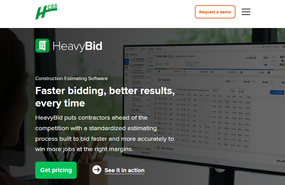Screenshot of the HCSS HeavyBid homepage promoting construction estimating software with the headline “Faster bidding, better results, every time,” alongside a preview of the estimating interface and calls-to-action for pricing and product demos.