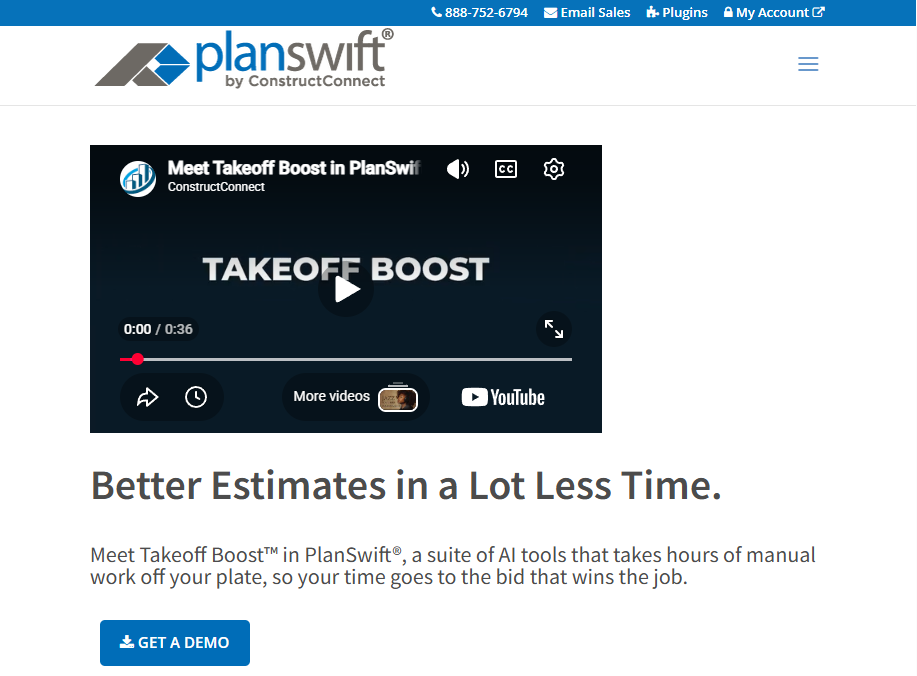 Screenshot of the PlanSwift by ConstructConnect homepage featuring the “Takeoff Boost” AI estimating tool video, with messaging focused on creating better estimates in less time through AI-powered takeoff automation and a “Get a Demo” call-to-action.