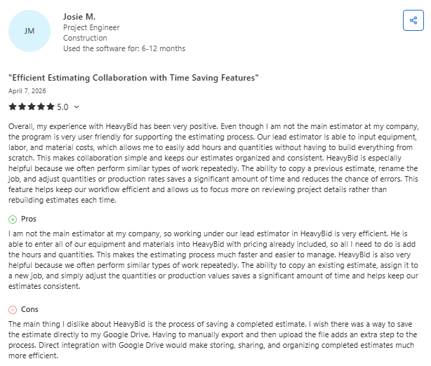 Screenshot of a Capterra review from Josie M., a construction project engineer, describing HeavyBid as a user-friendly estimating platform with reusable estimates, quantity adjustments, and collaboration features that save time, while noting limited Google Drive integration for estimate storage and organization.