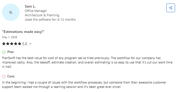 Screenshot of a Capterra review describing PlanSwift as a point-and-click estimating tool with a shallow learning curve and fast digital takeoff capabilities, while noting limitations caused by its desktop-only setup and lack of real-time cloud collaboration.