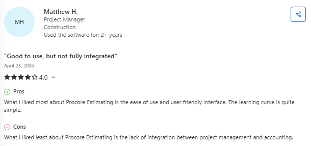 Screenshot of a Capterra review from Matthew H., a construction project manager, describing Procore Estimating as easy to use with a simple learning curve, while noting limited integration between project management and accounting.