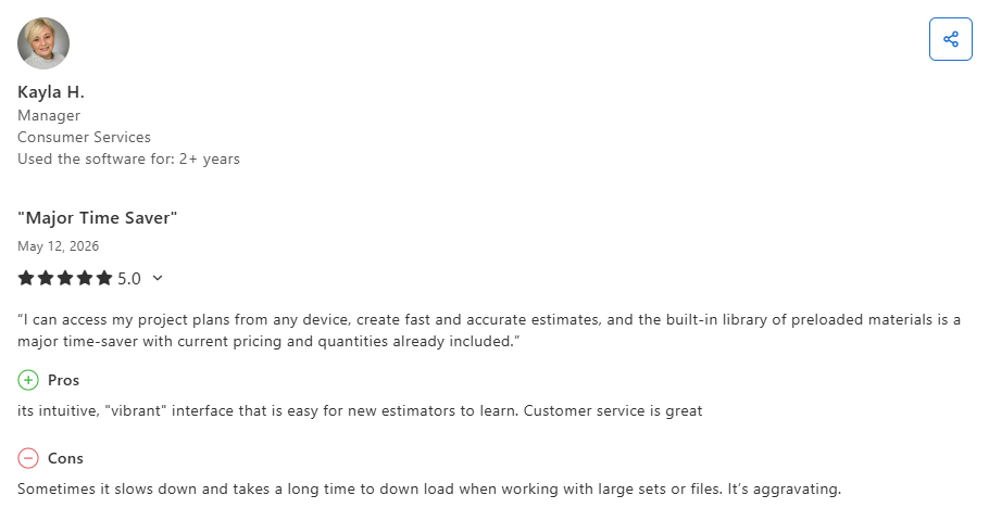 Screenshot of a Capterra review from Kayla H., a consumer services manager, praising STACK for helping users create fast estimates, access project plans from any device, and use preloaded material libraries, while mentioning occasional slowdowns when working with large files.