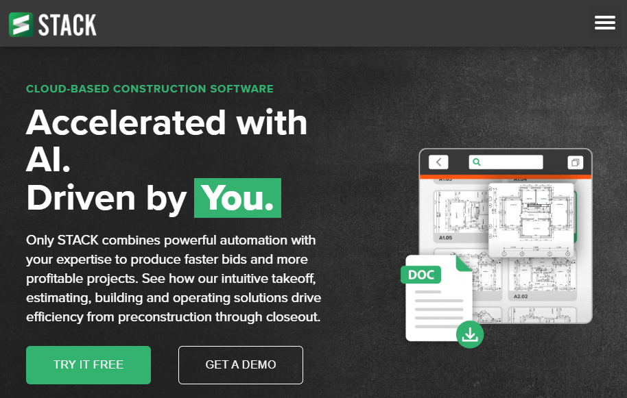 Screenshot of the STACK construction software homepage featuring the headline “Accelerated with AI. Driven by You.” alongside graphics of digital blueprints and estimating documents, promoting cloud-based takeoff, estimating, and preconstruction tools with “Try It Free” and “Get a Demo” buttons.
