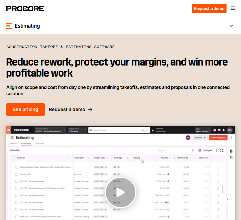 Screenshot of the Procore Estimating homepage promoting construction takeoff and estimating software with the headline “Reduce rework, protect your margins, and win more profitable work,” alongside a preview of the estimating dashboard and calls-to-action for pricing and demo requests.