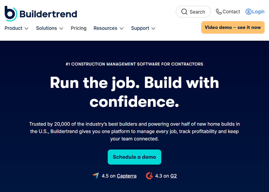 Screenshot of the Buildertrend homepage featuring the headline “Run the job. Build with confidence.” promoting construction management software for contractors, with messaging focused on project tracking, profitability, team connectivity, and a “Schedule a demo” call-to-action.