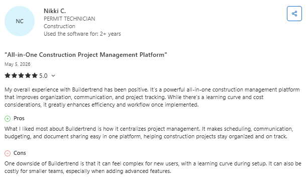 Screenshot of a Capterra review from Nikki C., a permit technician in construction, describing Buildertrend as an all-in-one construction management platform that improves organization, communication, budgeting, and project tracking, while noting a learning curve and higher costs for advanced features.