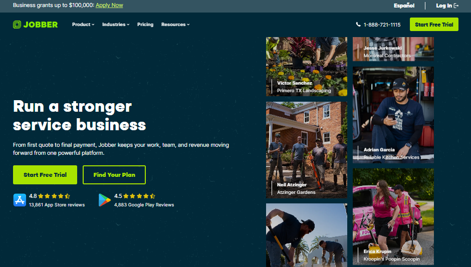 Screenshot of the Jobber homepage promoting service business management software, featuring the headline “Run a stronger service business” alongside customer images, navigation links, and free trial call-to-action buttons.