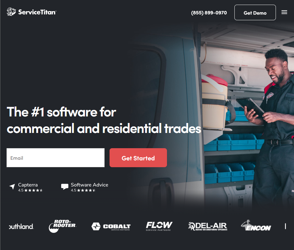 Screenshot of the ServiceTitan homepage promoting software for commercial and residential trades, featuring a technician using a tablet beside a service van, along with demo and sign-up call-to-action buttons.