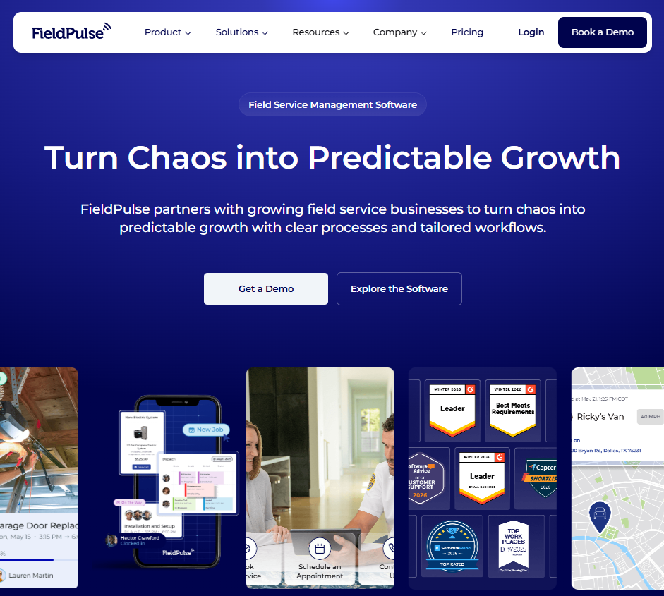 Screenshot of the FieldPulse homepage promoting field service management software, featuring the headline “Turn Chaos into Predictable Growth” alongside demo call-to-action buttons and workflow management visuals for service businesses.