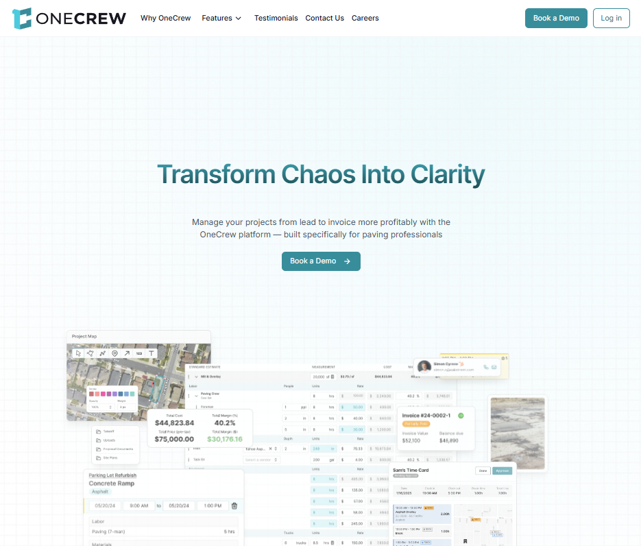 Screenshot of the OneCrew homepage promoting project management software for paving professionals, featuring the headline “Transform Chaos Into Clarity” alongside workflow, scheduling, and invoicing dashboard visuals.