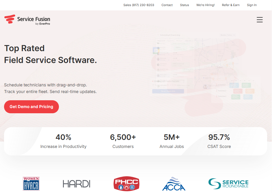 Screenshot of the Service Fusion homepage promoting field service software, featuring the headline “Top Rated Field Service Software” alongside scheduling, fleet tracking, productivity statistics, and demo call-to-action messaging.
