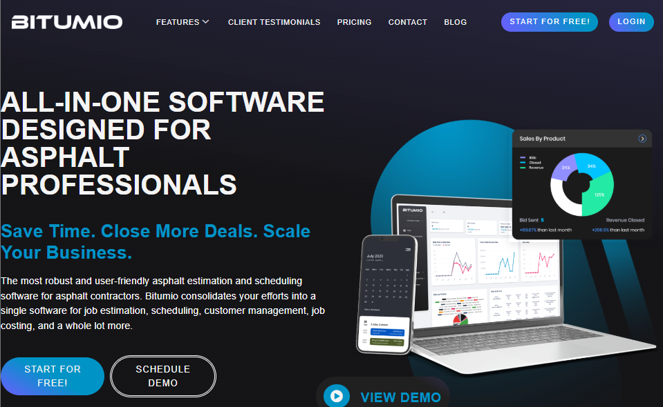 Screenshot of the Bitumio homepage promoting all-in-one software for asphalt professionals, featuring scheduling and estimation tools, business management dashboards, and demo call-to-action buttons.