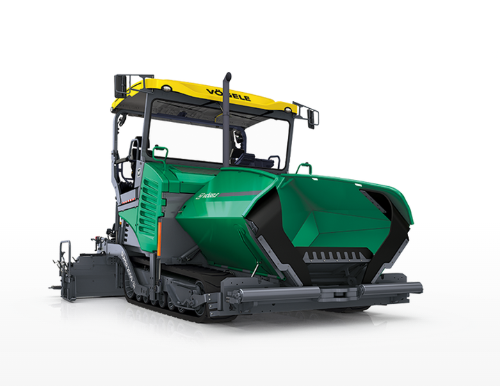 Front three-quarter view of a Vögele SUPER 2000-3i tracked asphalt paver in green and yellow, shown on a white background.