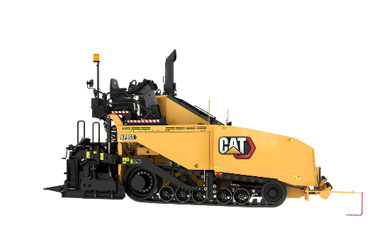 Side view of a Caterpillar AP655 tracked asphalt paver in yellow and black, shown on a white background.