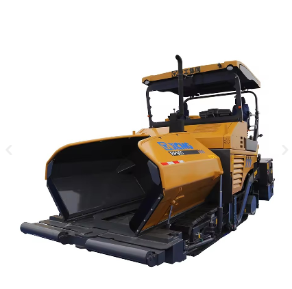 Front three-quarter view of an XCMG RP903 tracked asphalt paver in yellow and black, shown on a white background.