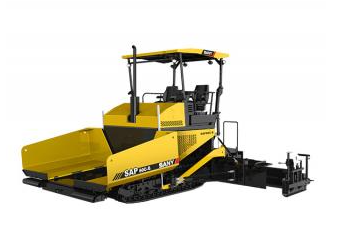 Front three-quarter view of a SANY SAP60C-8 tracked asphalt paver in yellow and black, shown on a white background.