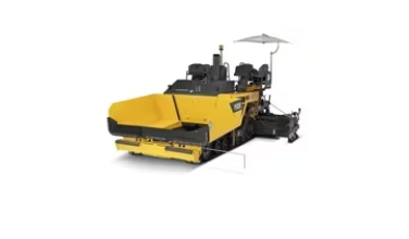 Front three-quarter view of a Blaw-Knox P5110B tracked asphalt paver in yellow and black, shown on a white background.