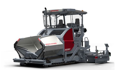Front three-quarter view of a Dynapac SD2500CS tracked asphalt paver in gray and red, shown on a white background.