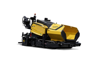 Front three-quarter view of a BOMAG CR 820 T tracked asphalt paver in yellow and black, shown on a white background.