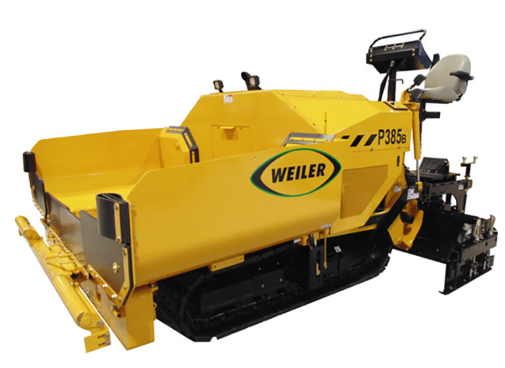 Front three-quarter view of a Weiler P385C tracked asphalt paver in yellow and black, shown on a white background.