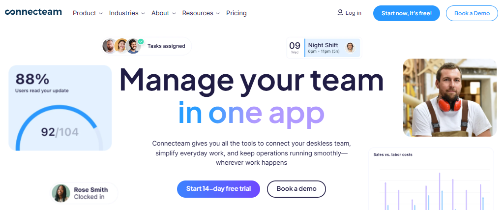 Connecteam homepage hero section featuring the headline “Manage your team in one app,” with workforce scheduling, task management, communication, and performance tracking visuals alongside free trial and demo call-to-action buttons.