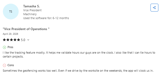 Capterra review from a construction manager highlighting Workyard's ease of use, GPS location tracking, and ability to monitor employee activity across multiple jobsites.
