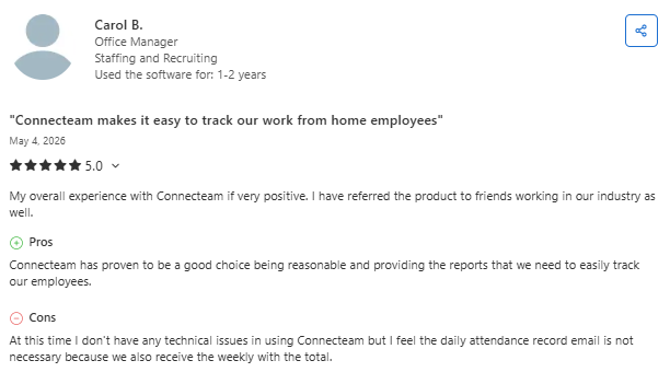 Capterra review from an office manager describing Connecteam as an effective employee tracking and reporting platform for remote teams, with minor feedback about attendance report email notifications.