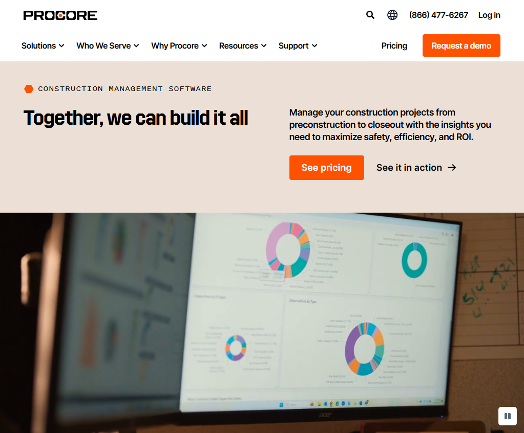 Procore homepage hero section featuring the headline “Together, we can build it all,” highlighting construction project management from preconstruction to closeout, alongside project analytics dashboards and calls to action for pricing and product demos.