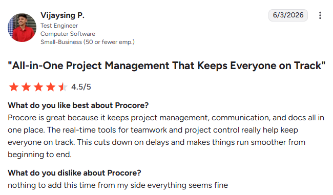 G2 review highlighting Procore's ability to centralize project management, communication, and documentation while improving collaboration and project visibility across construction teams.