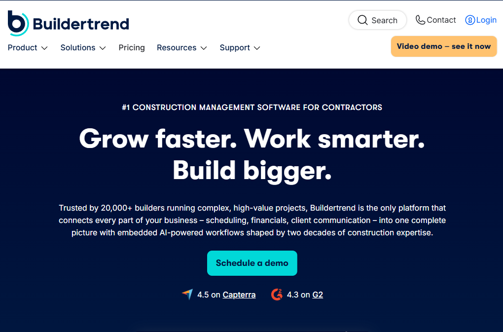 Buildertrend homepage hero section featuring the headline “Grow faster. Work smarter. Build bigger.” and highlighting construction project management, scheduling, financial management, client communication, and AI-powered workflows for contractors.