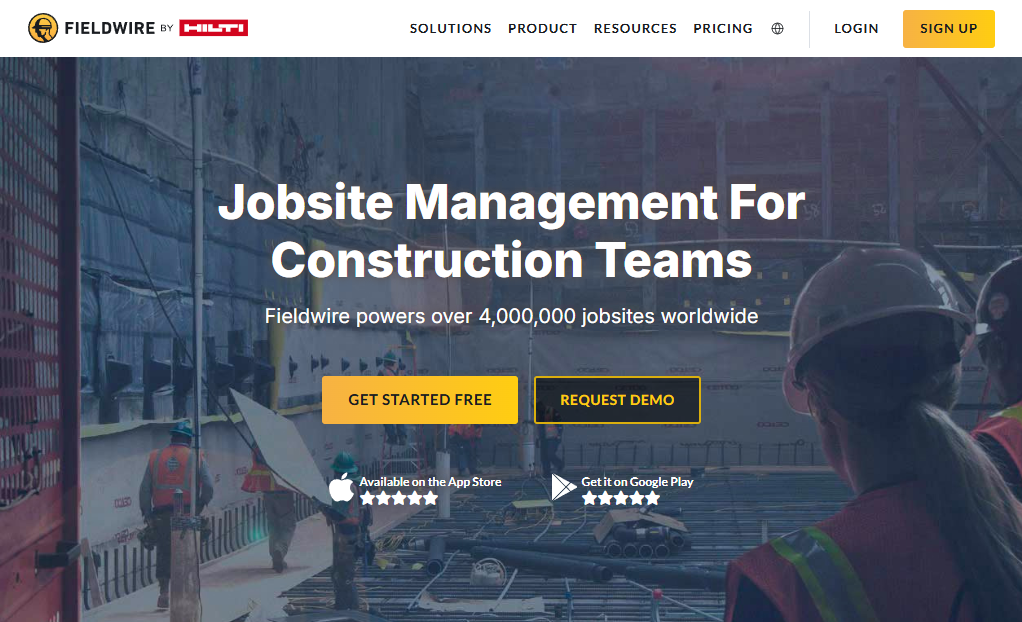 Fieldwire homepage hero section featuring the headline “Jobsite Management For Construction Teams,” with a construction site background image and calls to action for free signup and product demos.