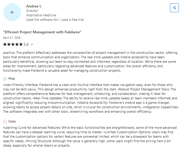 Capterra review highlighting Fieldwire's project management capabilities, real-time updates, mobile accessibility, and communication tools for coordinating construction teams.