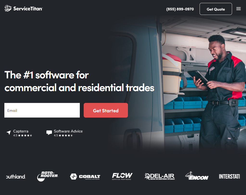 ServiceTitan homepage hero section featuring the headline “The #1 software for commercial and residential trades,” with a field technician using a tablet, customer review ratings, and a call to action to get a quote or start using the platform.