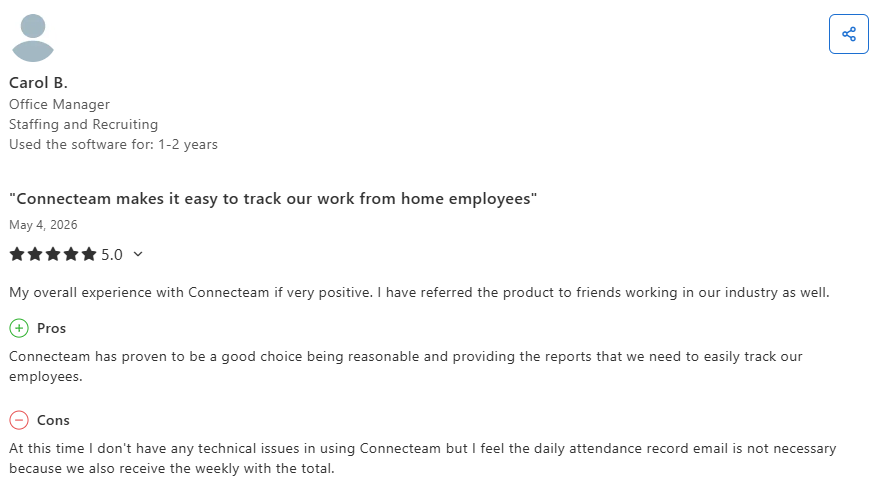Capterra review highlighting Connecteam's scheduling, time tracking, employee communication, and reporting features, with feedback from users managing teams across multiple locations.