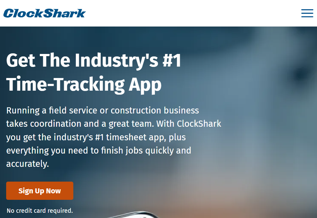 ClockShark mobile homepage featuring the headline “Get The Industry’s #1 Time-Tracking App,” highlighting time tracking, workforce coordination, and field service management tools for construction and service businesses.