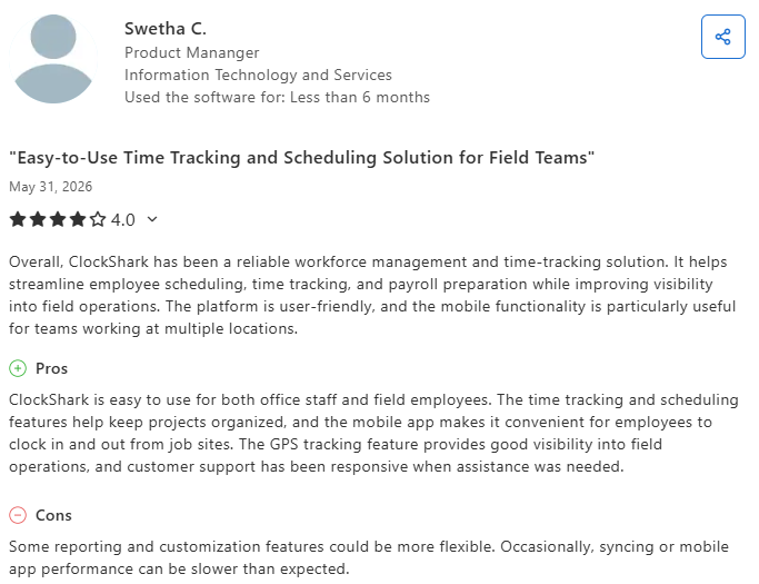 Capterra review highlighting ClockShark's time tracking, scheduling, GPS tracking, and mobile workforce management features for teams working across multiple jobsites.